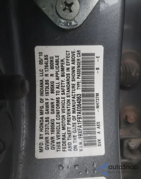 2010 Honda Civic Exl z USA, uszkodzony, nr VIN 19XFA1F97AE064063